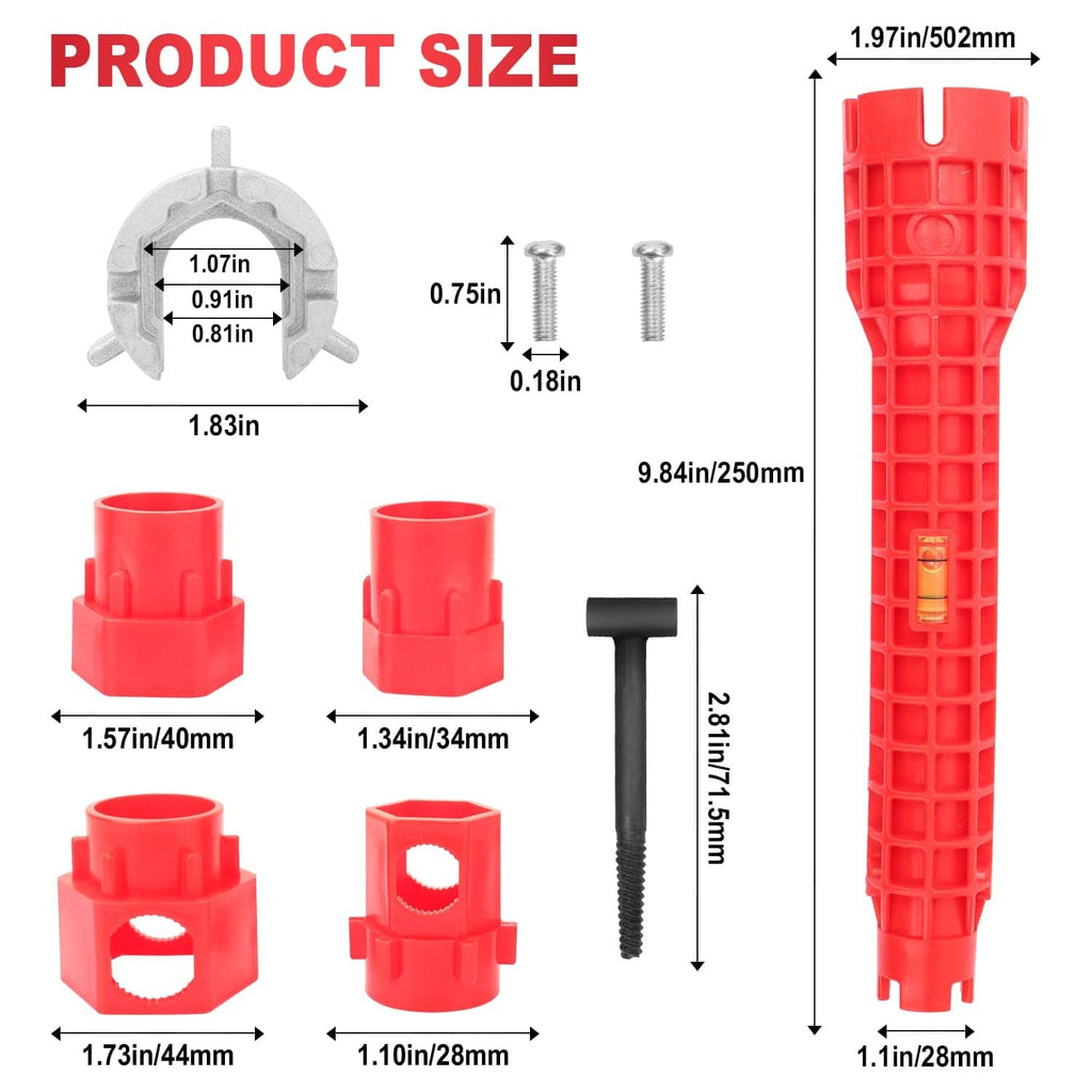 Red faucet and sink installer tool with included hardware pieces and black T-handle