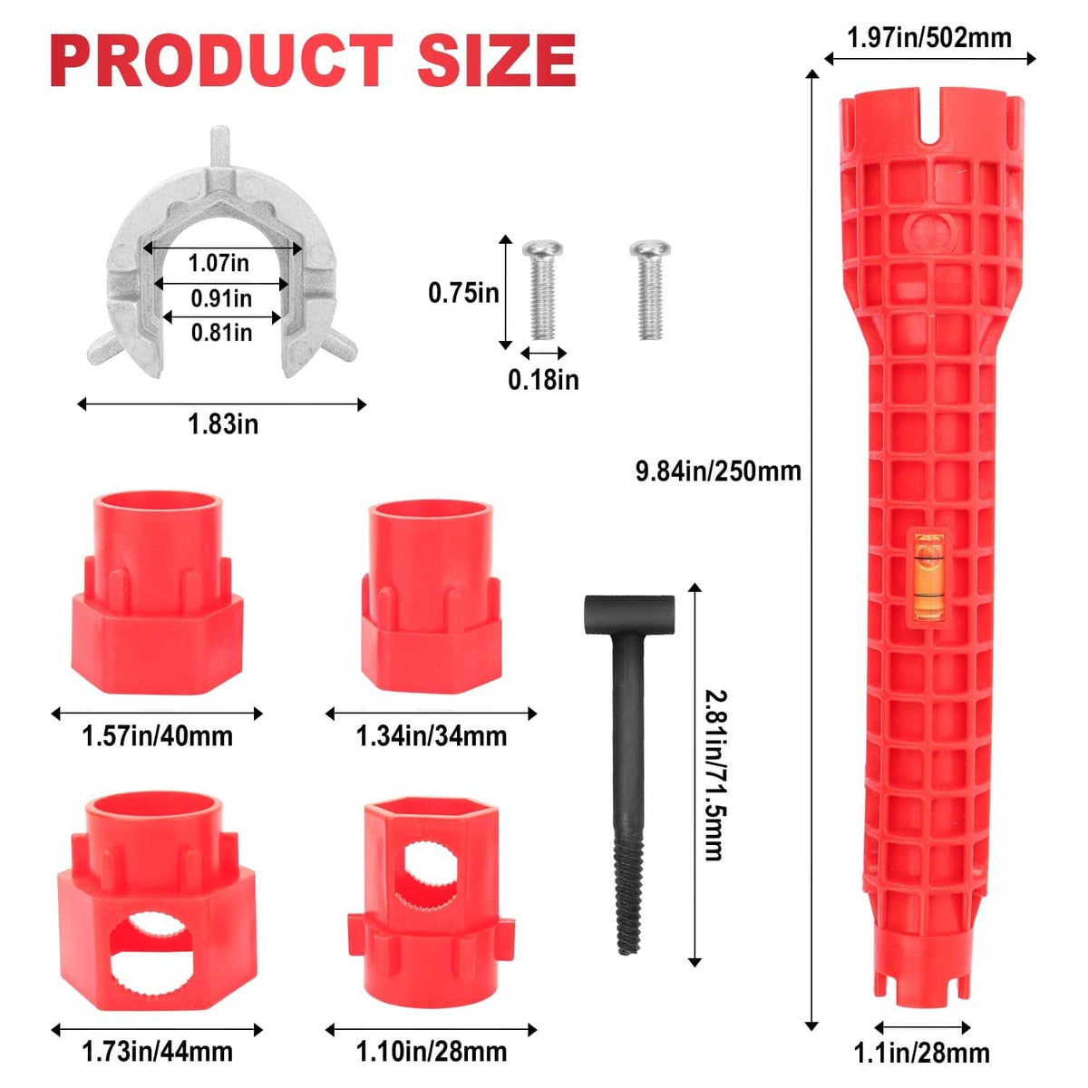 Red faucet and sink installer tool with included hardware pieces and black T-handle