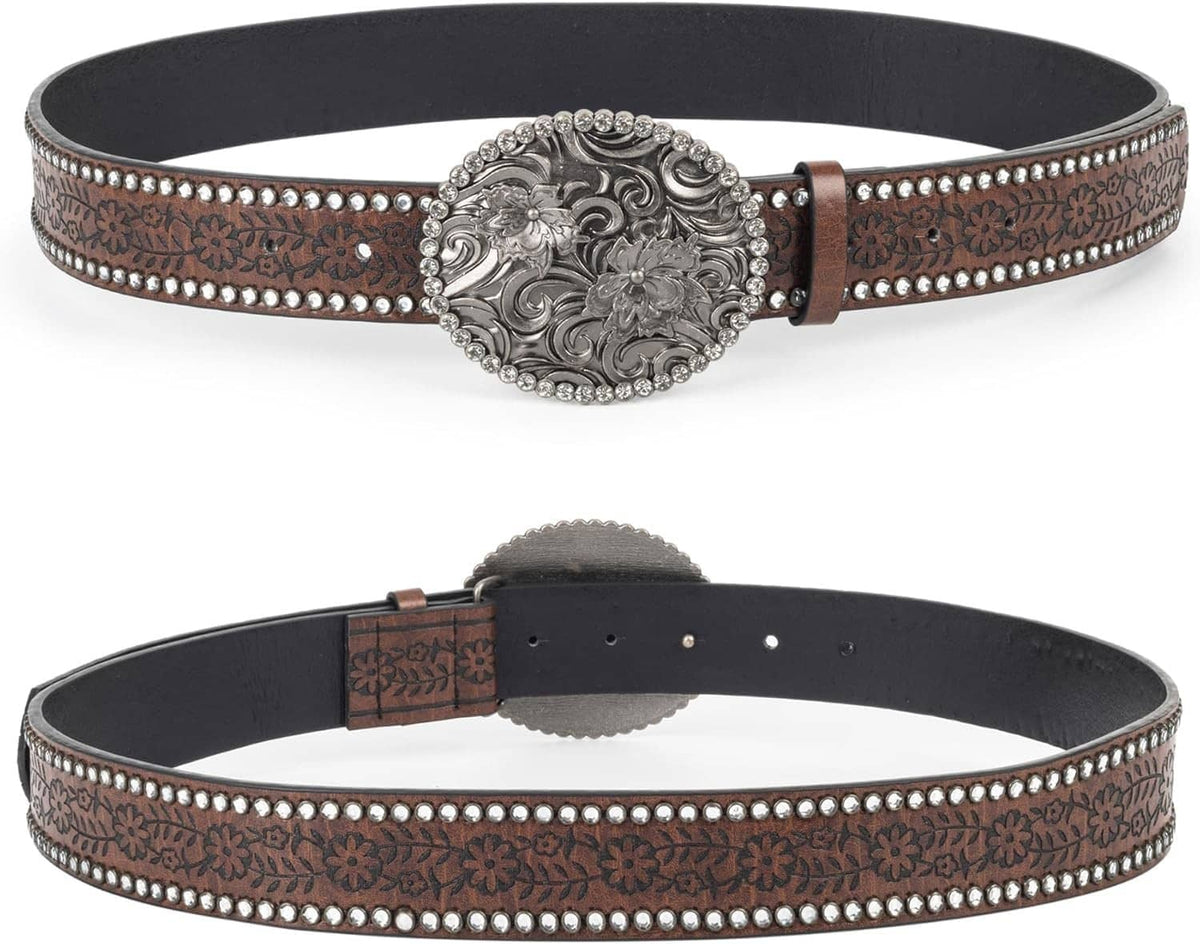 Brown rhinestone leather belt with silver buckle and black reverse side
