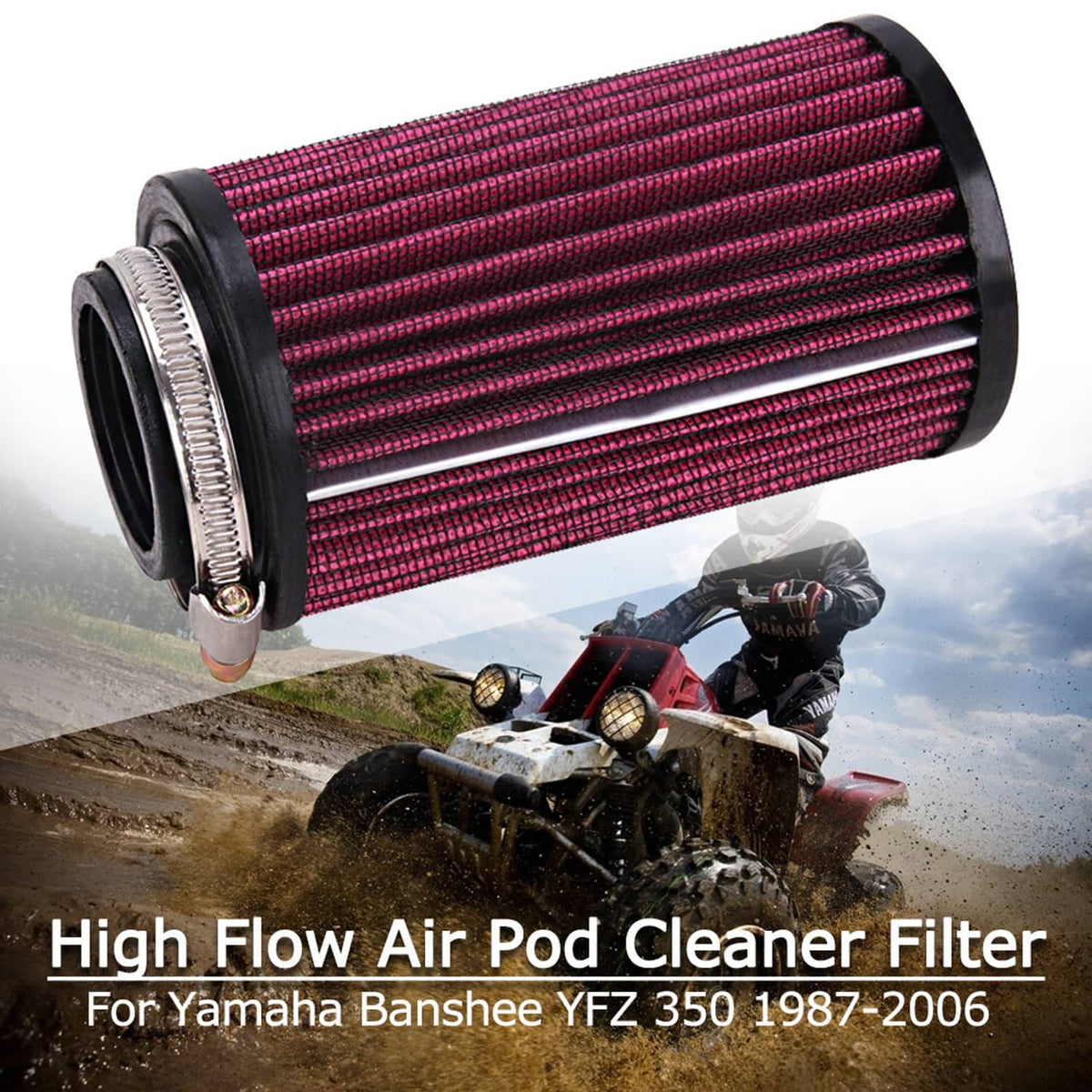 Cylindrical air pod filter with red pleated mesh and black end caps