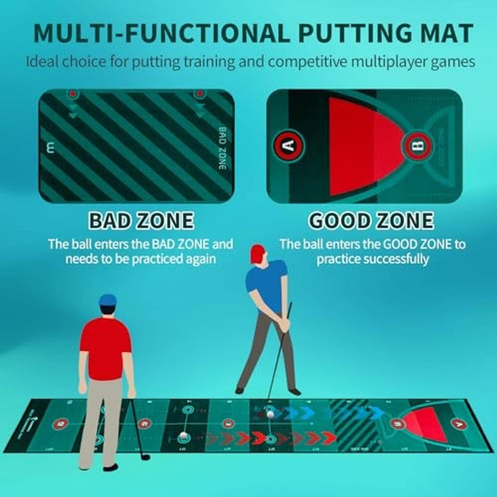 Green multi-zone putting mat layout with good-zone and bad-zone sections