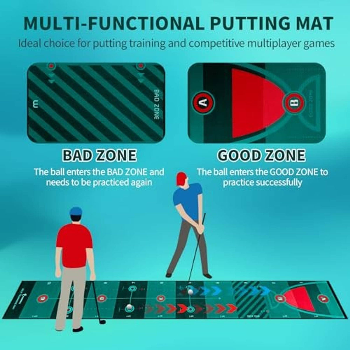 Green multi-zone putting mat layout with good-zone and bad-zone sections