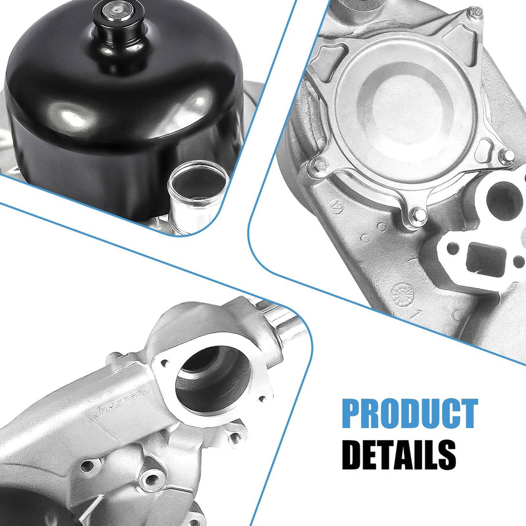 Water pump with black cap and silver housing with product detail angles