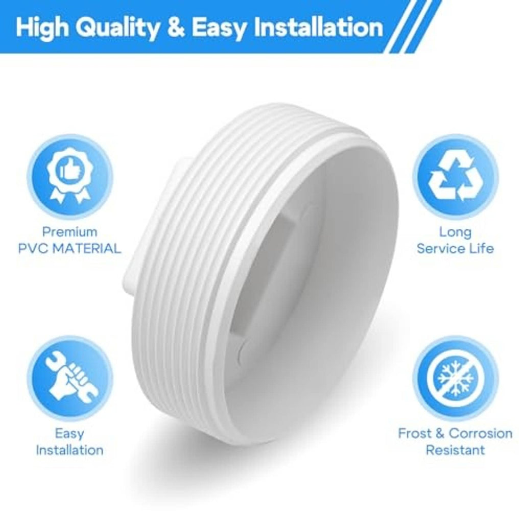 White PVC 6-inch sewer cleanout plug fitting with ridged exterior and square cap