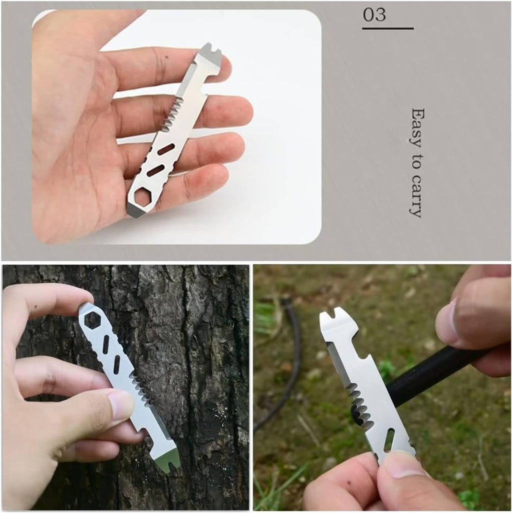 High speed steel fire starter striker tool held in hand, silver with scraper notches and hex hole