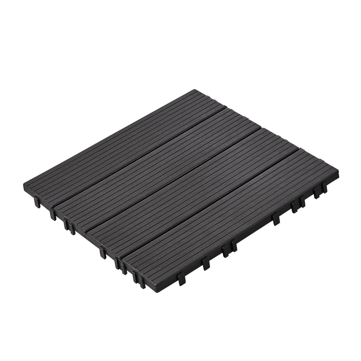 Dark grey plastic interlocking deck tiles with raised grooves and corner connectors