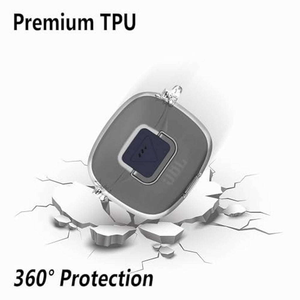 Clear TPU earbud case with dark inner panel, shown with impact-crack protection graphic