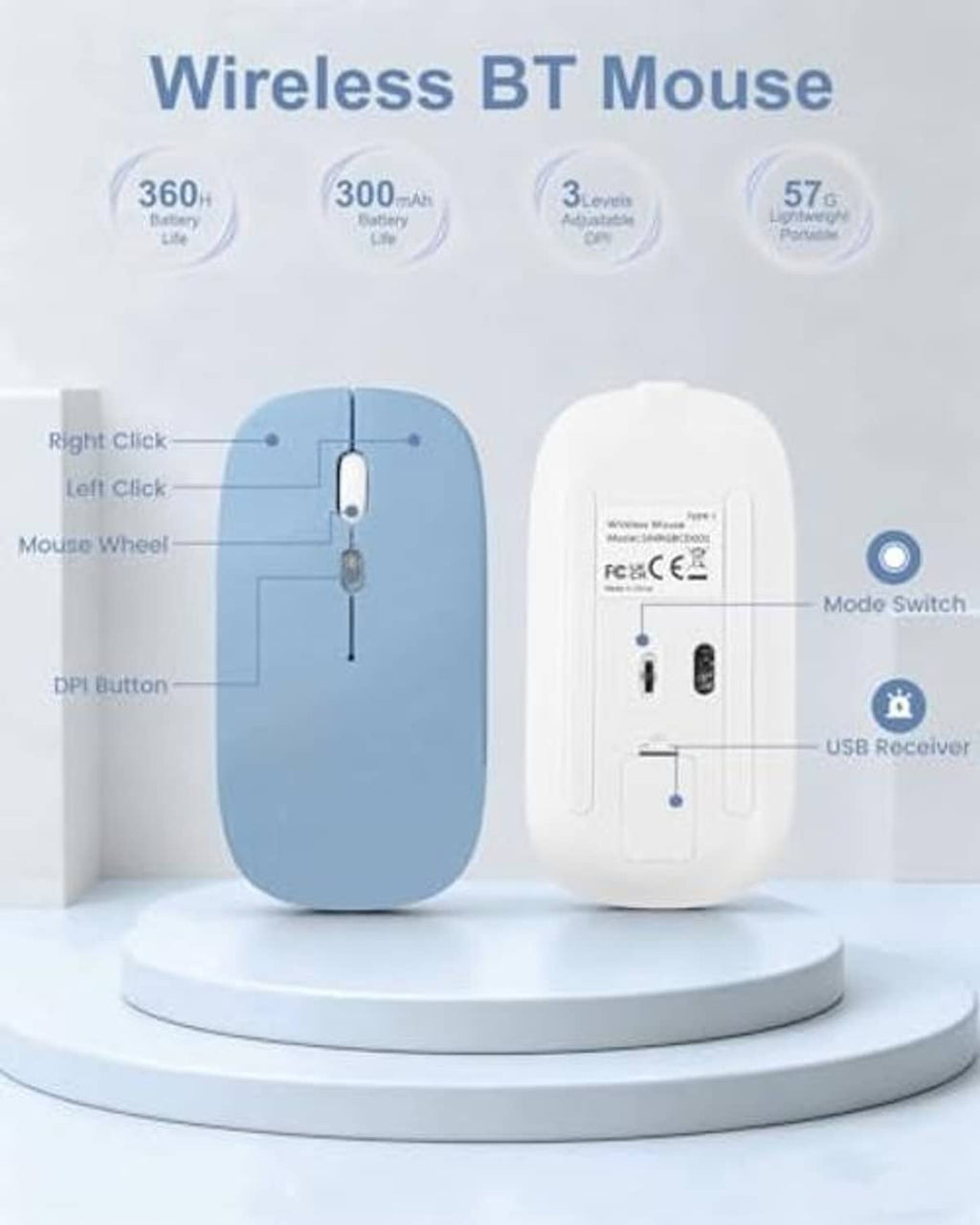 Wireless Bluetooth mouse in blue and white with USB receiver and buttons shown