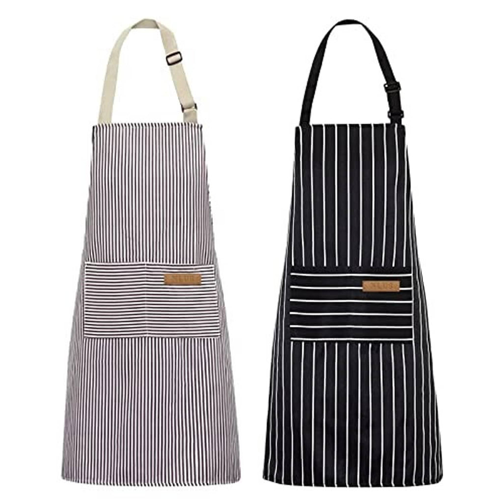 Two bib aprons with vertical stripe pattern in light beige and dark colors