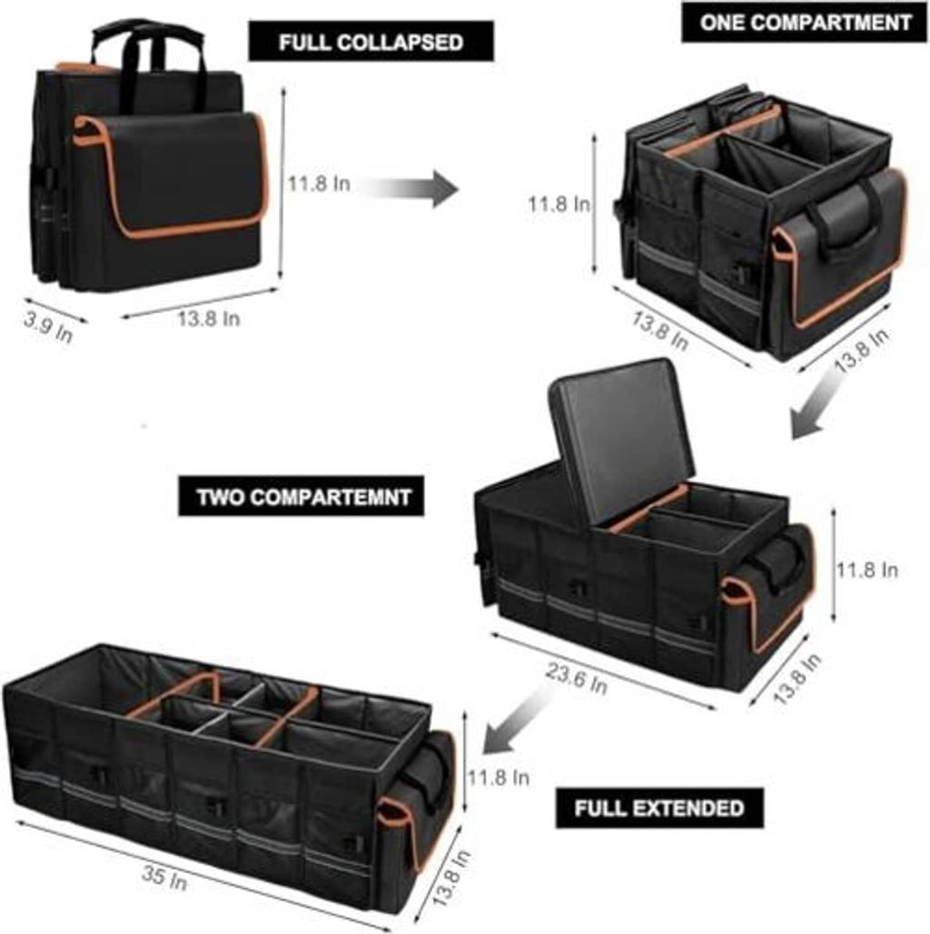 Car trunk organizer size diagram with compact, two-compartment, and fully extended views