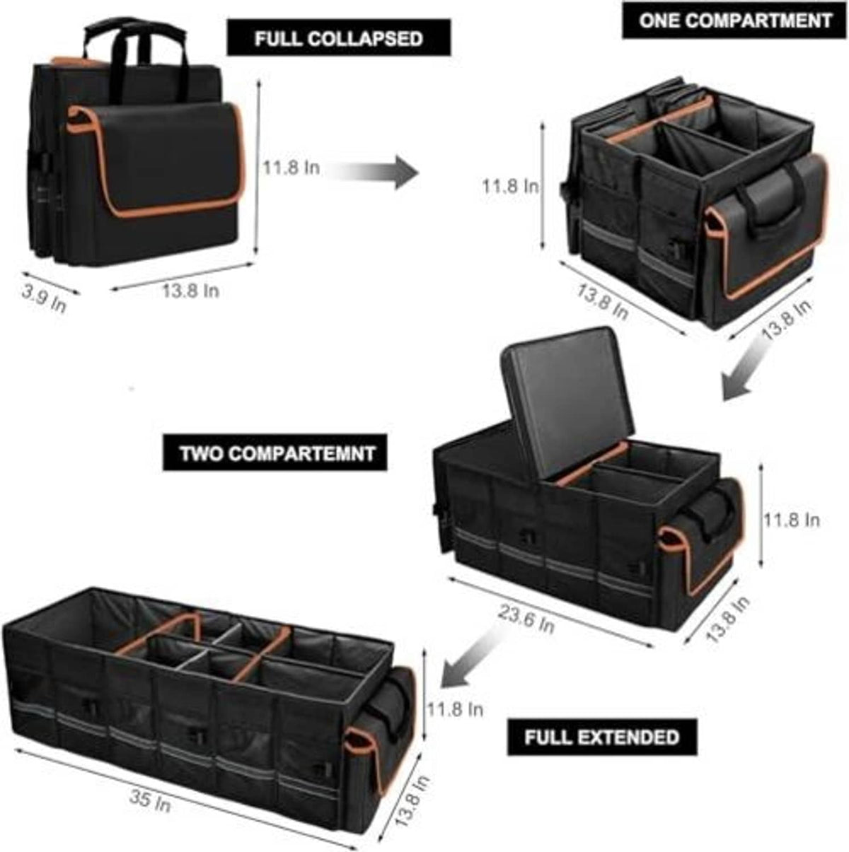 Car trunk organizer size diagram with compact, two-compartment, and fully extended views