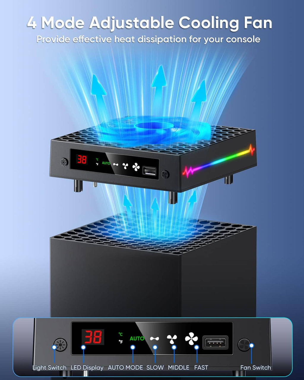 Black cooling fan with RGB lighting and blue airflow effect, adjustable speed modes