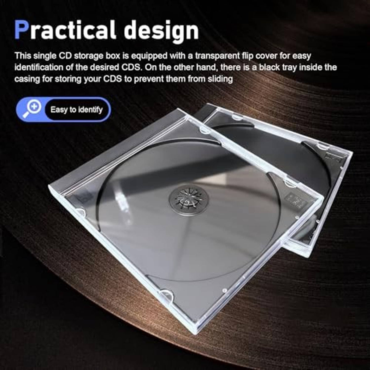 Clear CD jewel case with hinged flip cover and dark disc, practical display angle