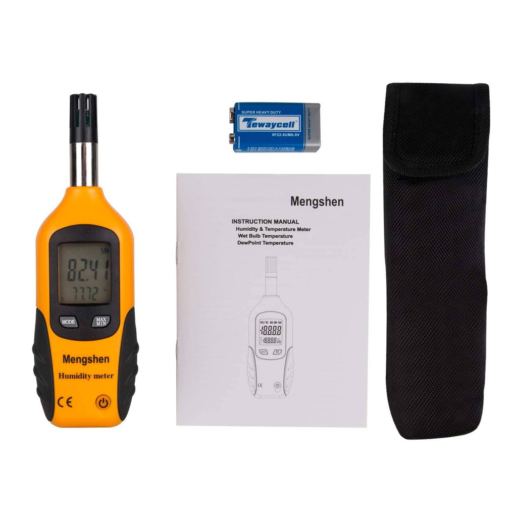 Handheld orange digital psychrometer kit with LCD meter, battery, instruction manual, and pouch