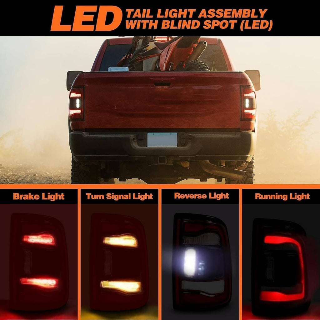LED tail light pair showing different illuminated modes with red, amber, and white elements.