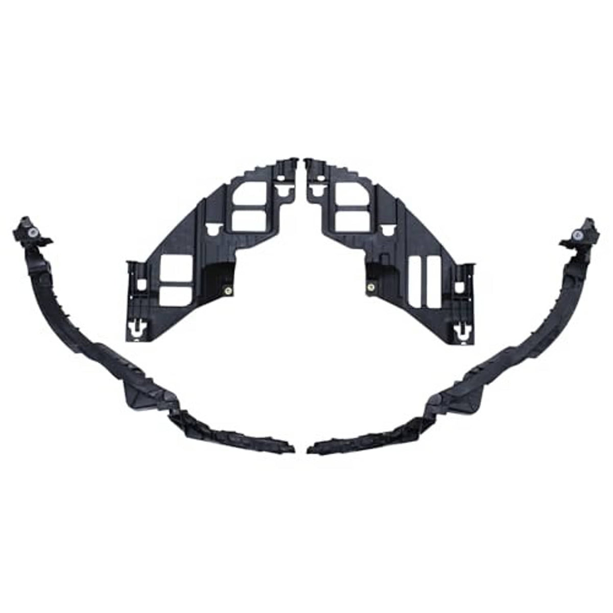Front bumper bracket and headlight guide support brackets, black plastic parts set