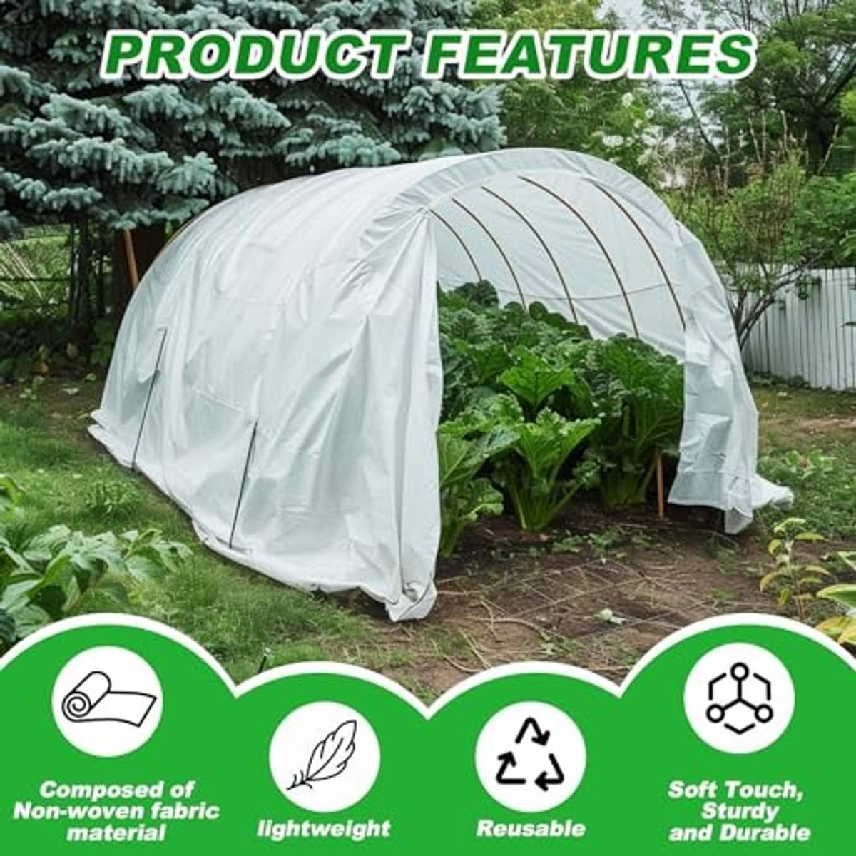 White non-woven plant cover tent over garden plants on arched frame, reusable cloth