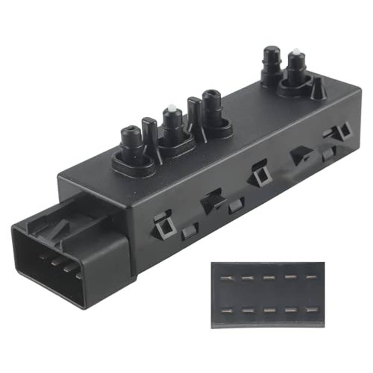 Power seat adjustment switch with control posts and front connector housing, black plastic