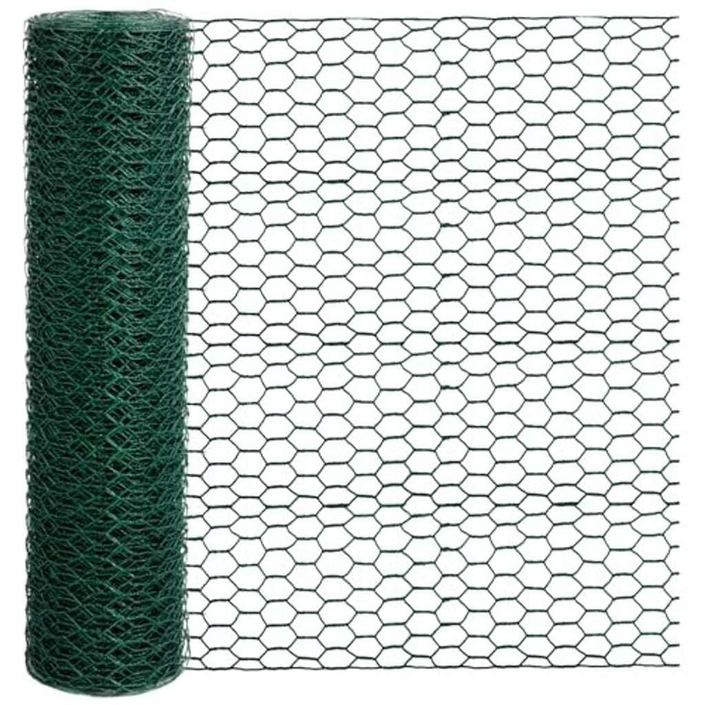 Green wire netting roll with hexagon openings and woven mesh pattern for DIY projects