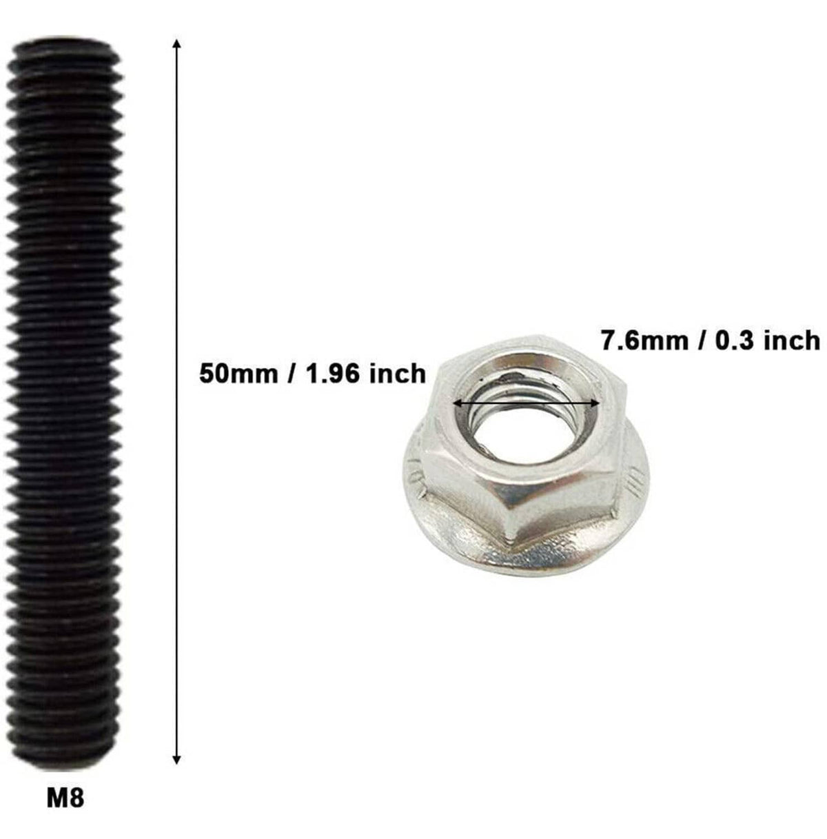 M8 black threaded stud with silver hex nut, showing nut center hole.
