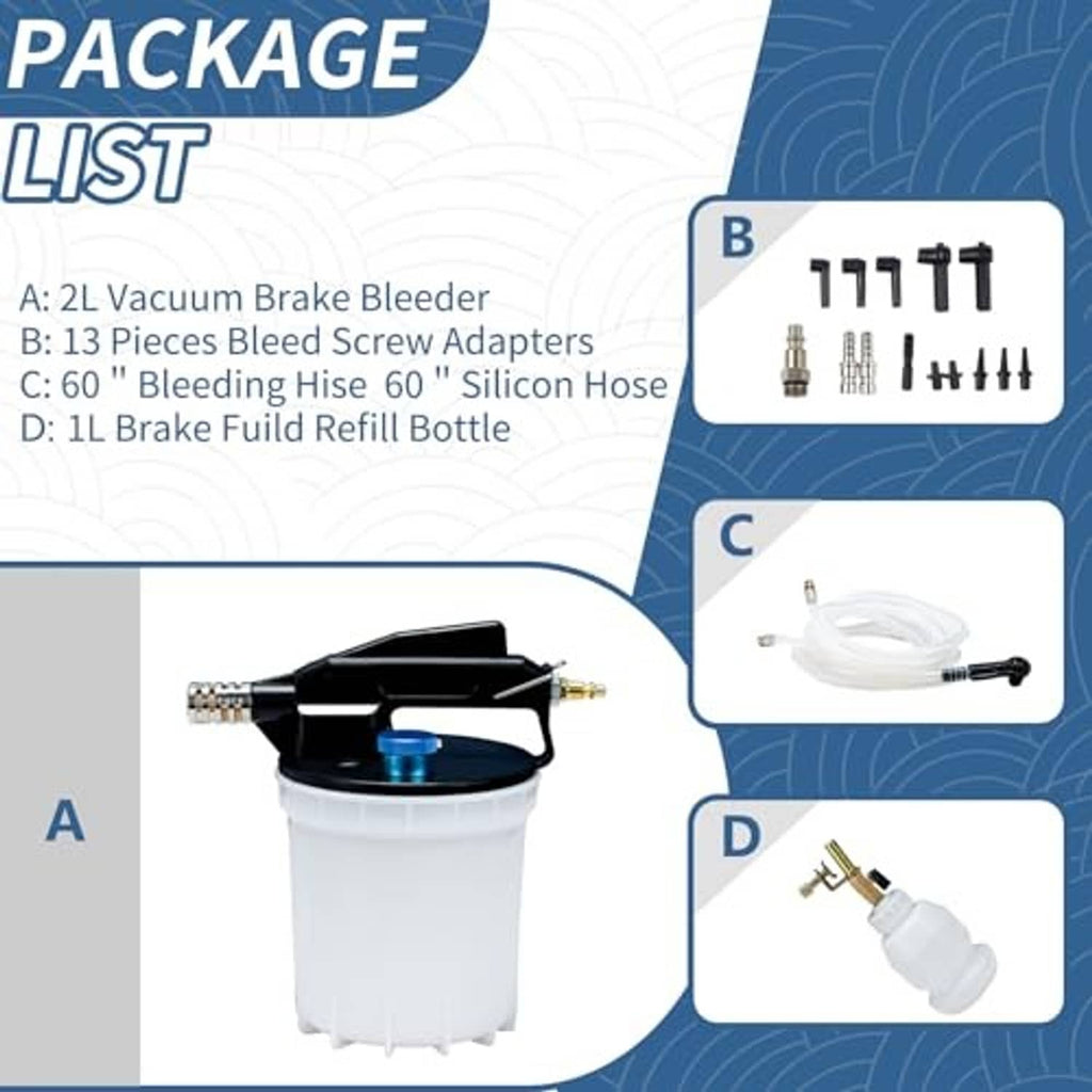 Brake bleeder kit parts set with white reservoir, clear hose, refill bottle, and adapters