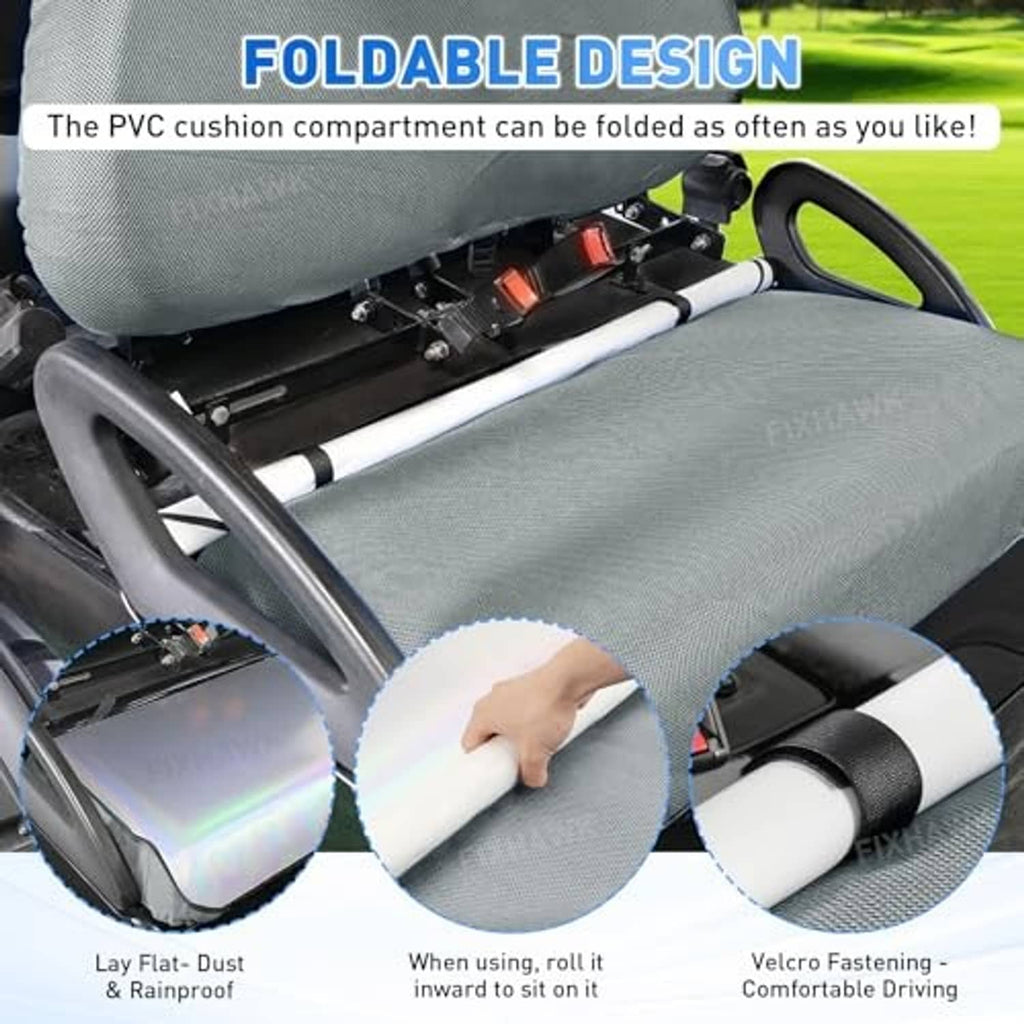 Foldable gray seat cover fabric, rolled up for storage with visible fastening points