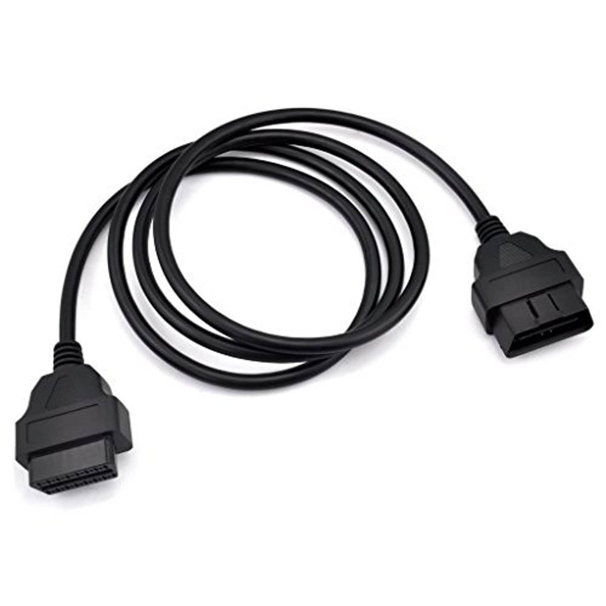 OBD diagnostic extension cable with two 16-pin connectors and looped cable, black.