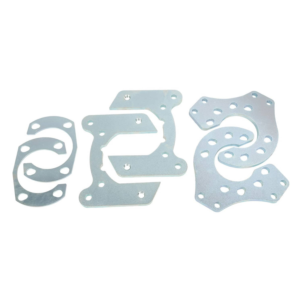 Rear disc brake mounting plates and gaskets, multiple drilled shapes with bolt holes