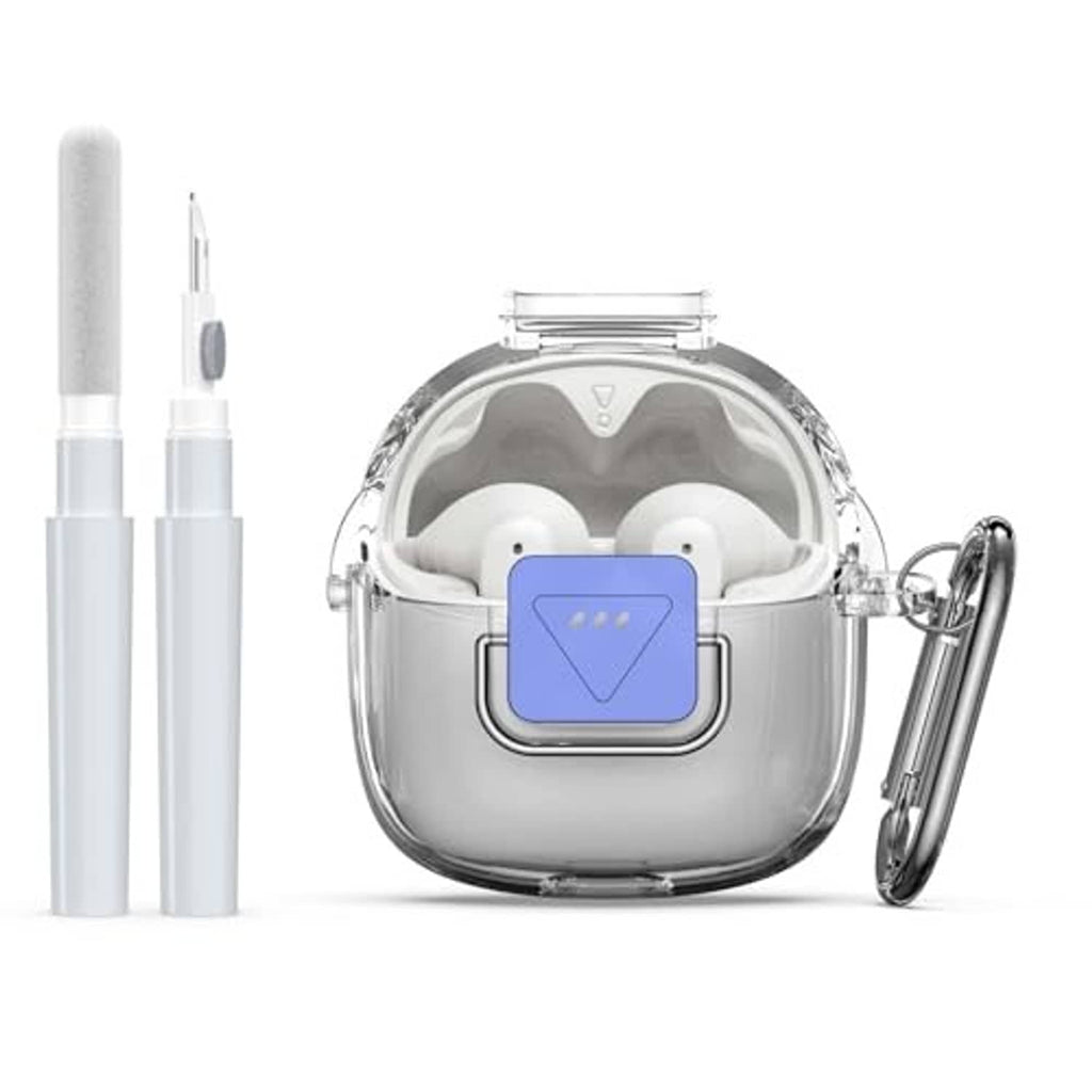 Clear TPU earbud case cover with blue latch, carabiner, earbuds inside
