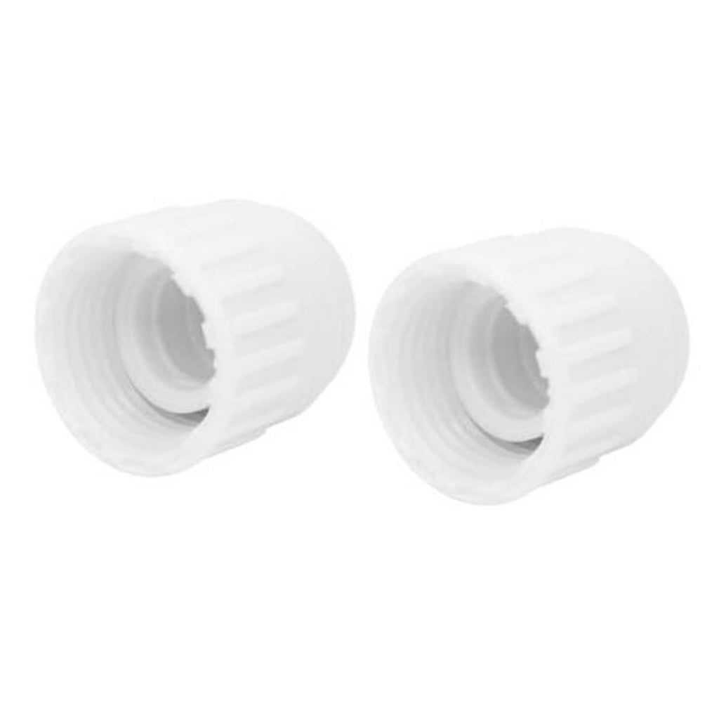 White plastic PEX female end cap fitting with ribbed outer grip and visible inner threads