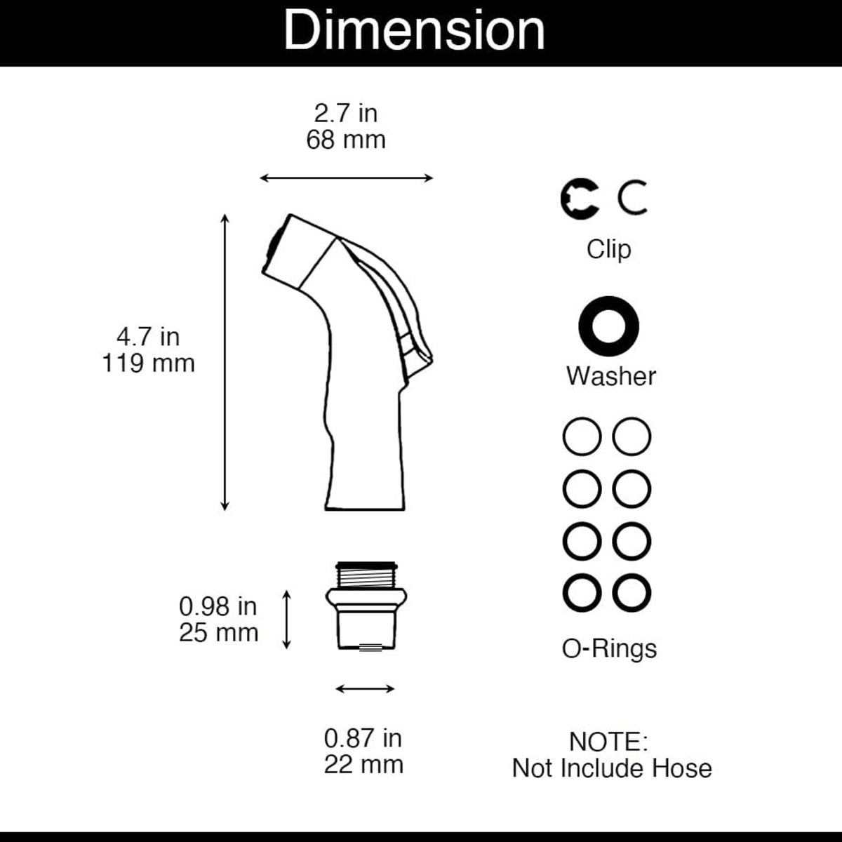 Chrome sink spray attachment size diagram with clip, washer, and O-rings