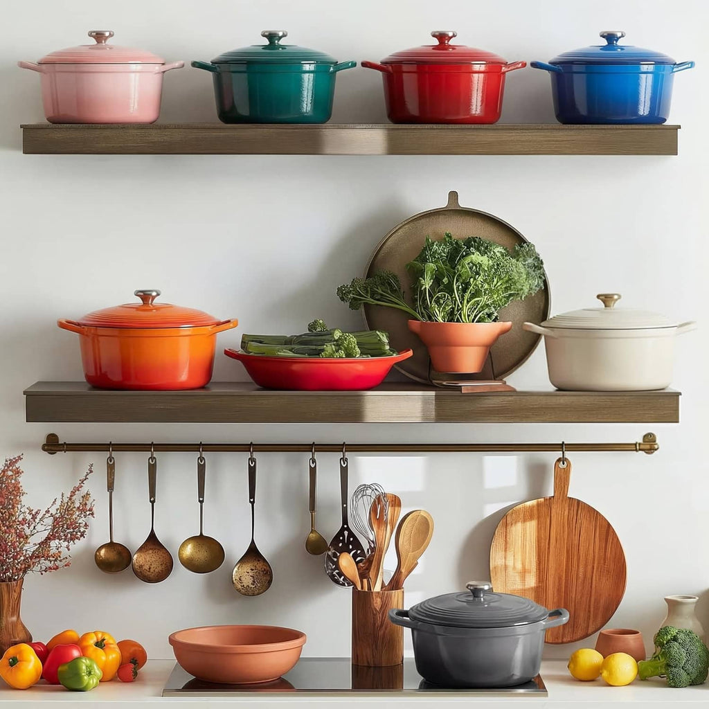 Blue and multicolor enameled cast iron Dutch ovens on kitchen shelf