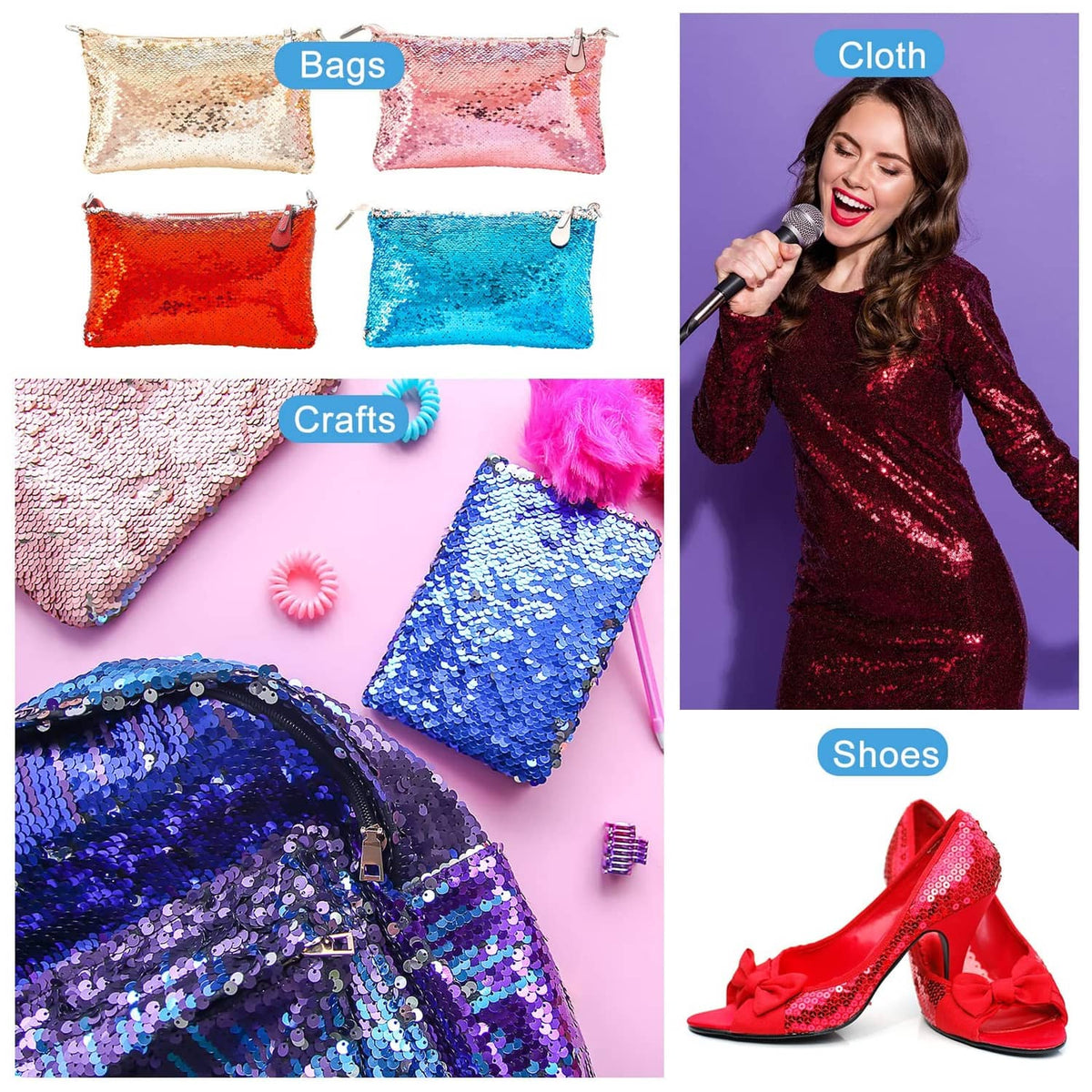 Blue sequined craft bag and fabric swatch with dense round sequins