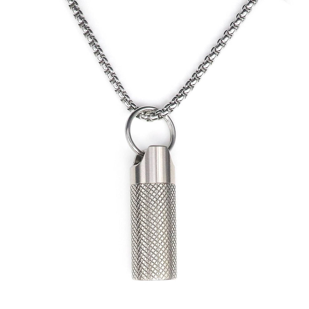 Titanium pill fob necklace with textured cylinder pendant and chain with keyring loop