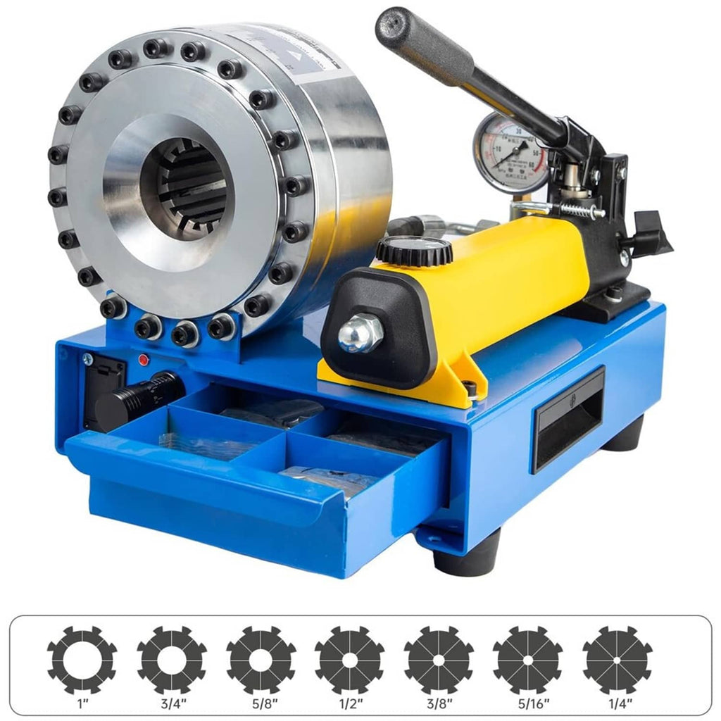 Hydraulic hose crimper with silver die head, yellow pump handle, and blue storage tray