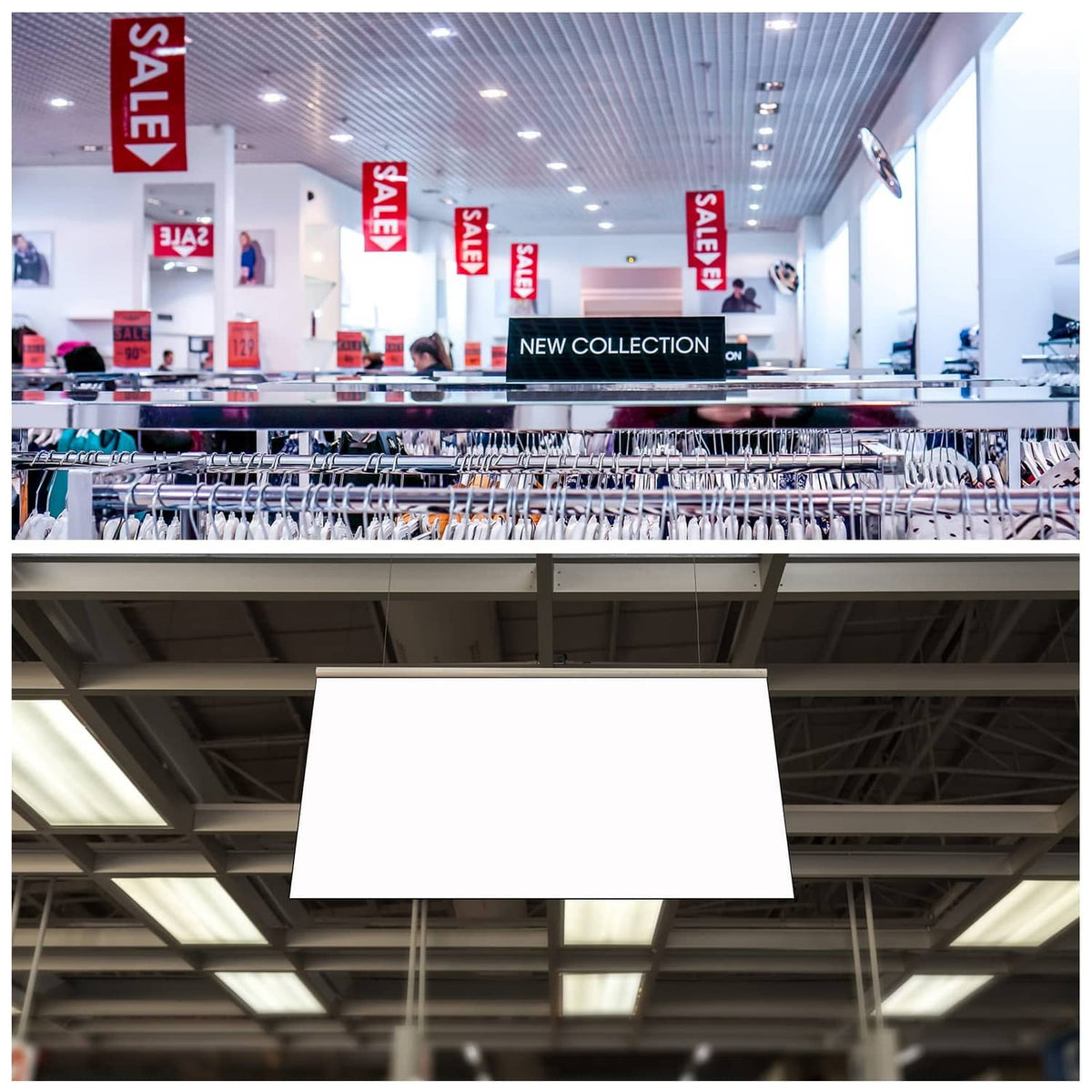 Clear poster hanger rail system holding a blank sheet sign from the ceiling