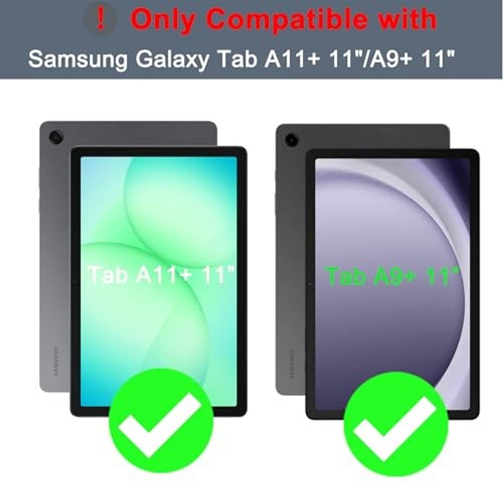 Foldable black keyboard case shown fitting two tablet sizes