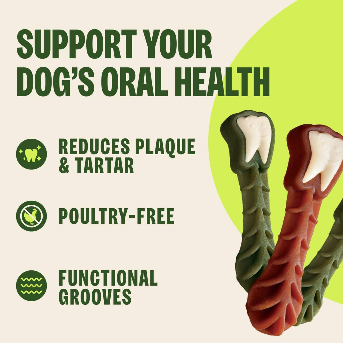 Whimzees oral health benefit graphic with dental chew shapes and icons