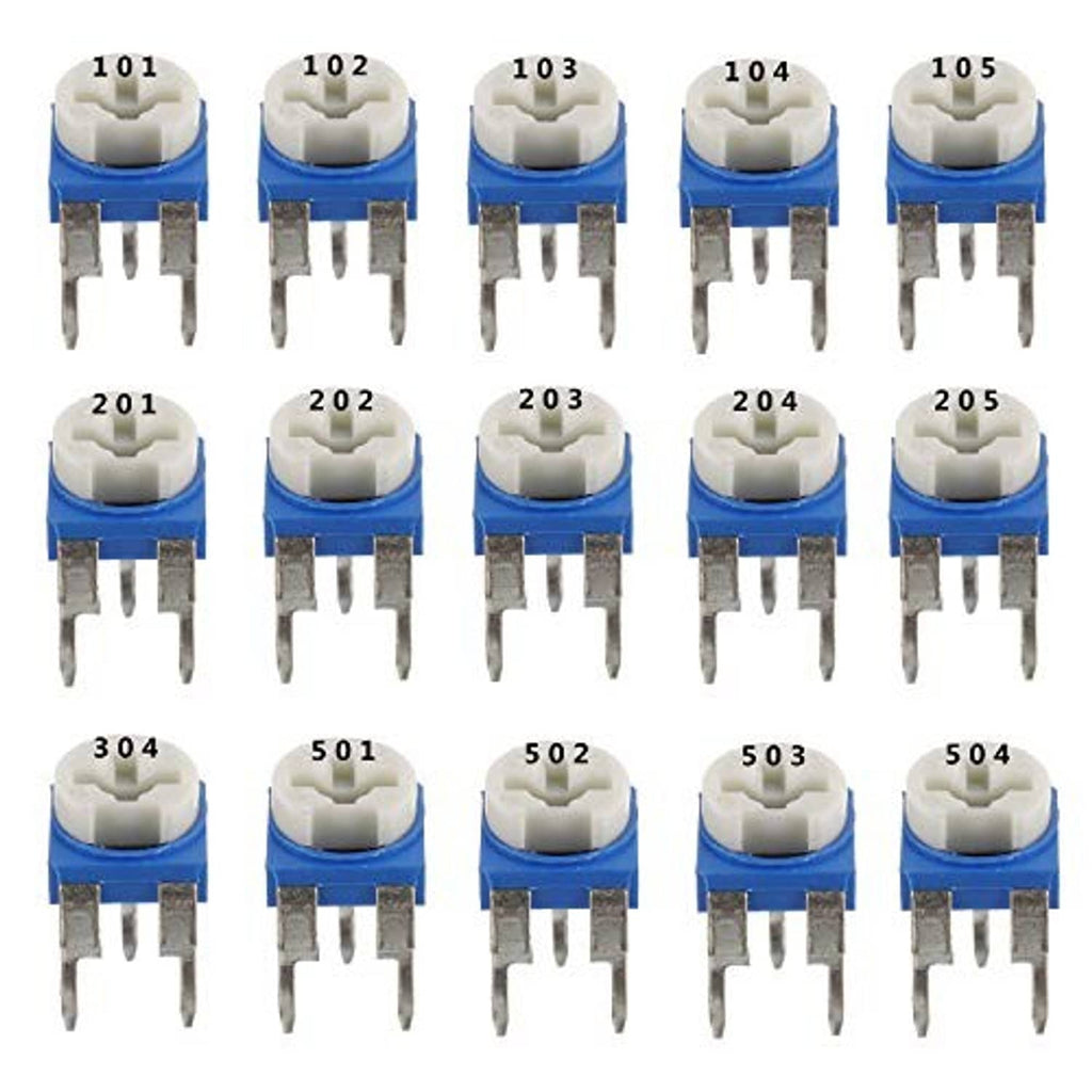 Close-up of blue potentiometers with white tops and 3 metal pins