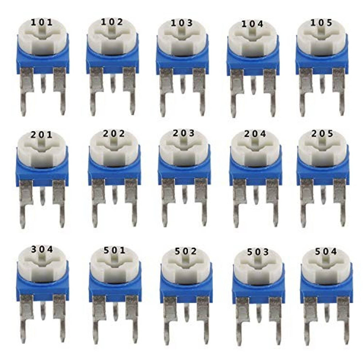 Close-up of blue potentiometers with white tops and 3 metal pins