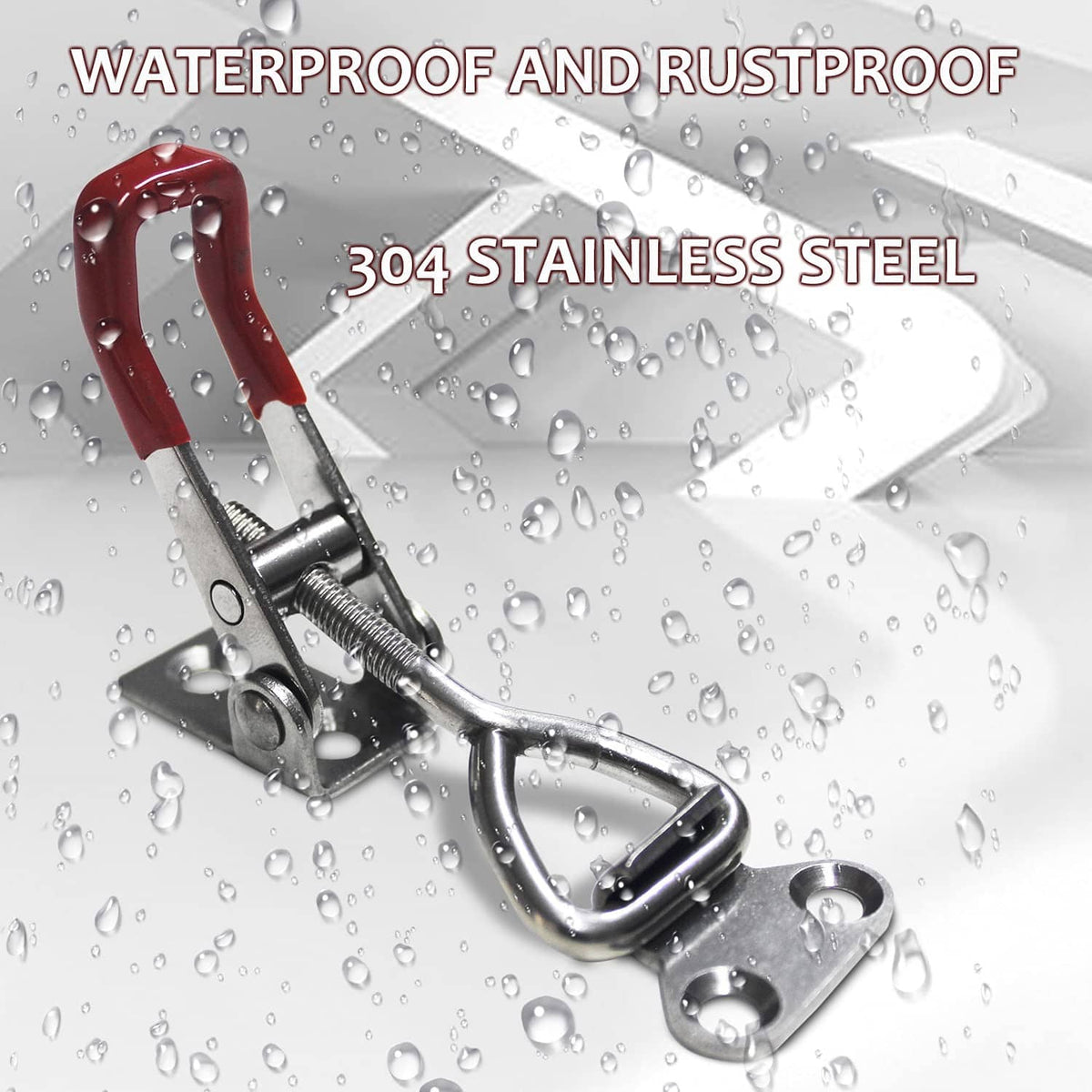 304 stainless steel toggle latch clamp with red handle shown under water droplets