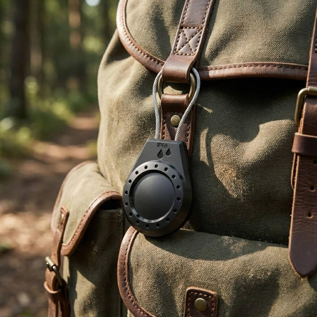 Waterproof lockable AirTag holder attached to backpack strap, black cable and metal body