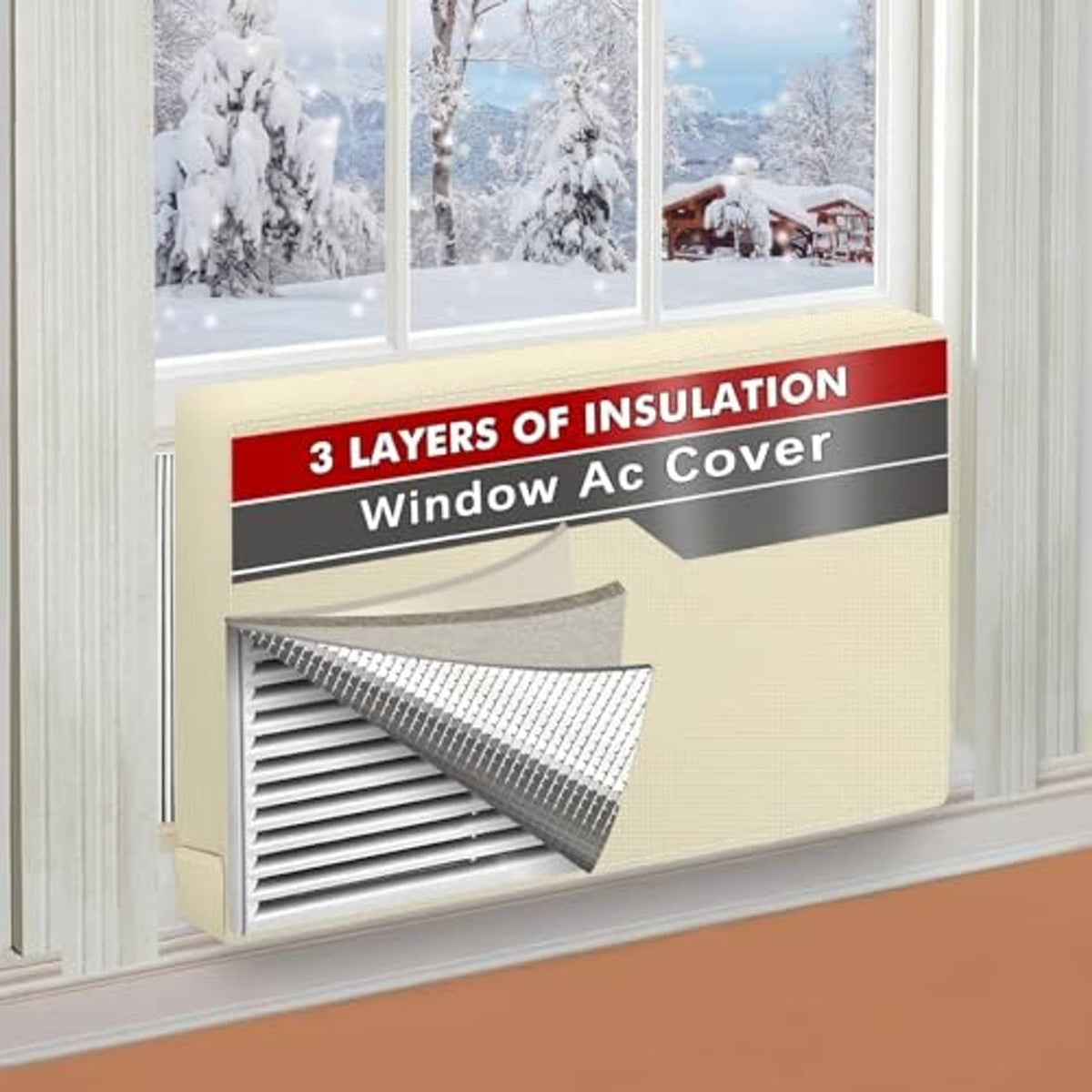 Beige window AC cover with silver mesh insert, fitted over a window air conditioner