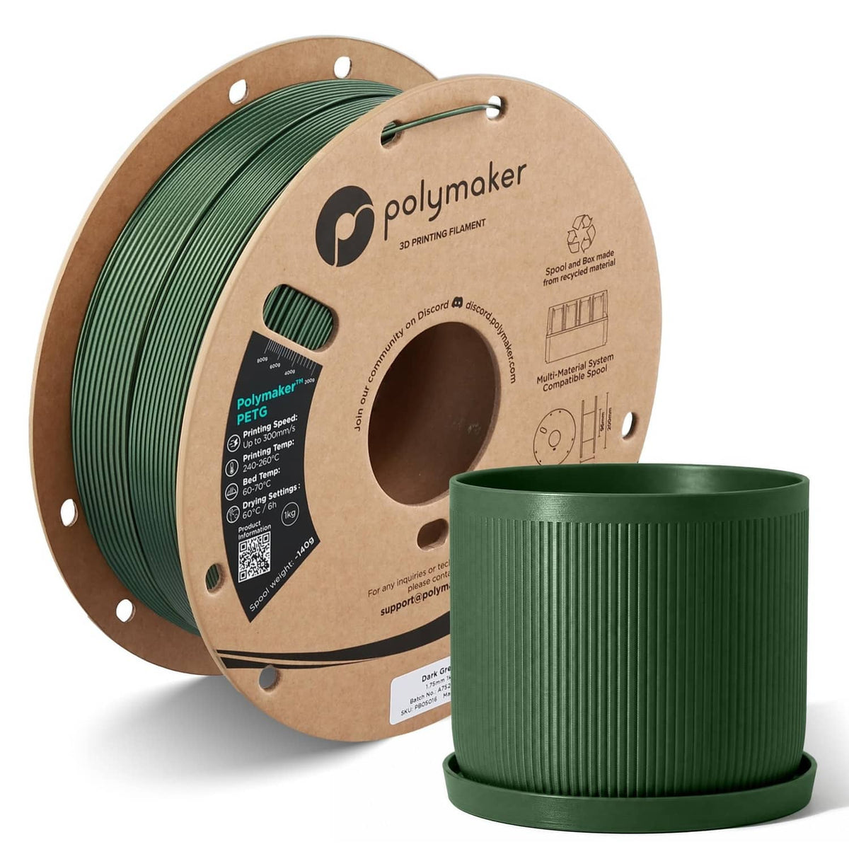 Army green PETG filament spool with small green coiled ring sample