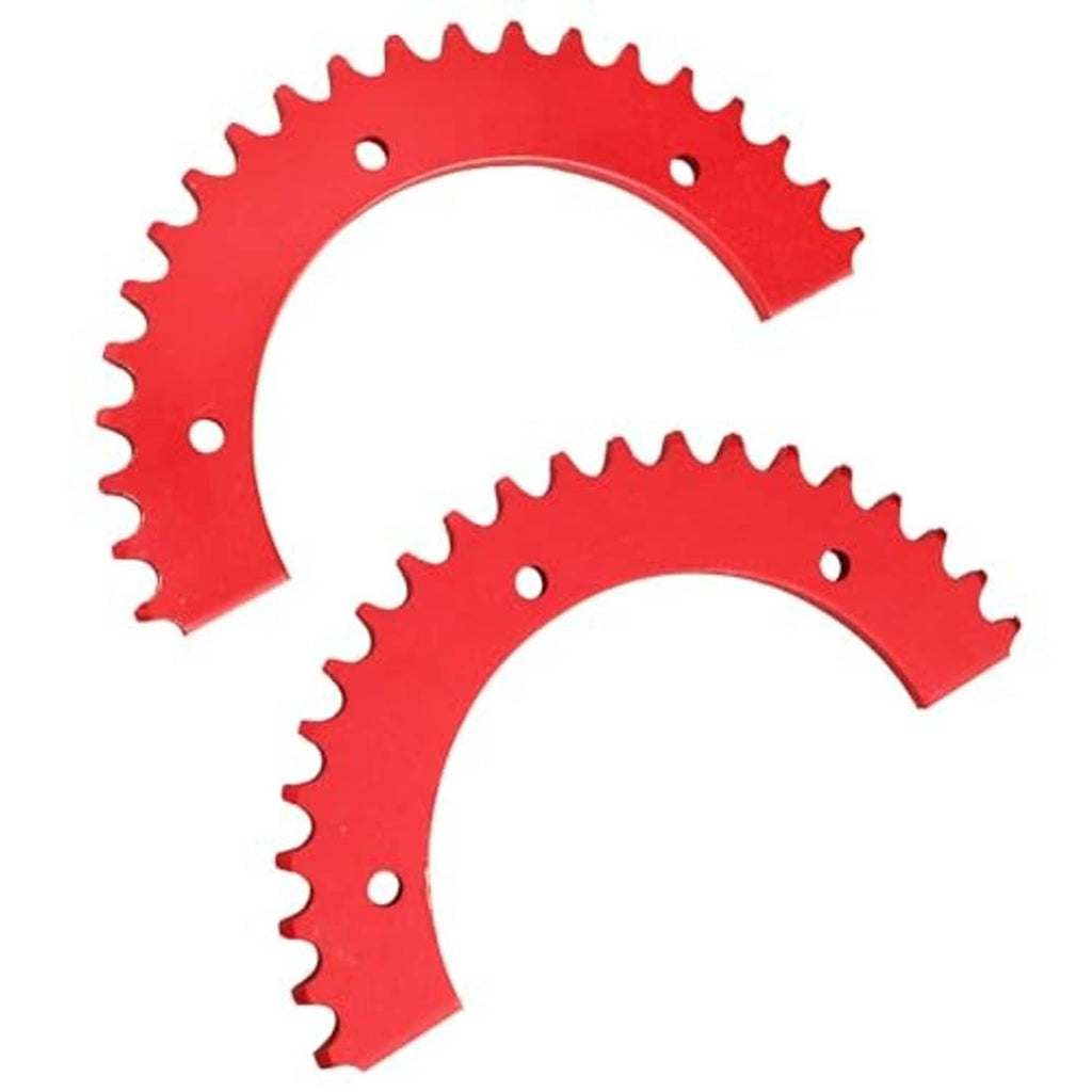 Two-piece red 420 chain split sprocket halves with teeth and mounting holes