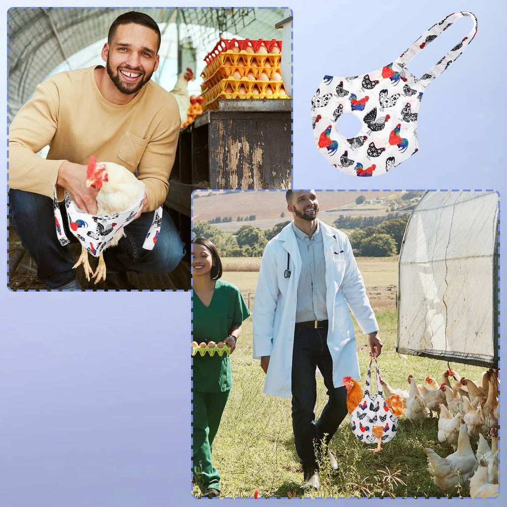 White poultry carrier sling with handle, rooster pattern, worn by person outdoors