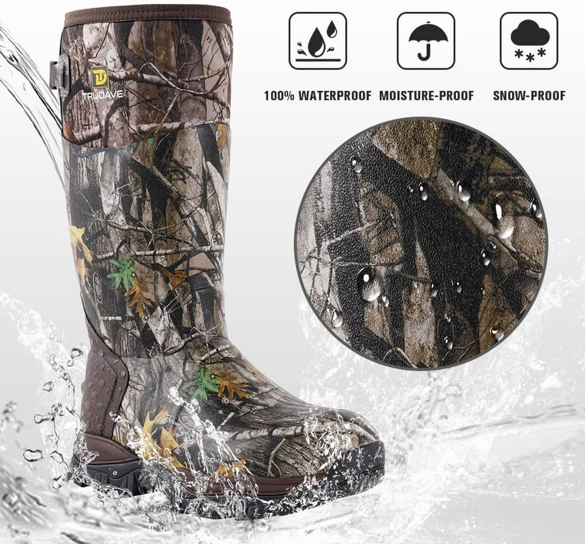 Camo waterproof hunting boots with high neoprene shaft and deep rubber outsole.