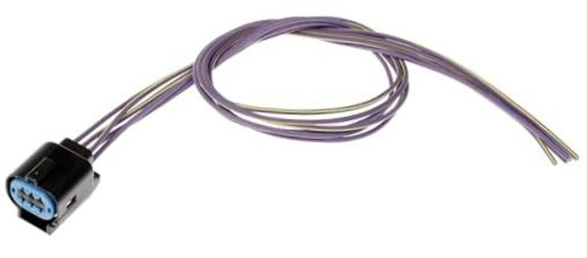 Throttle body connector with purple, black, and gray wire leads and blue plug