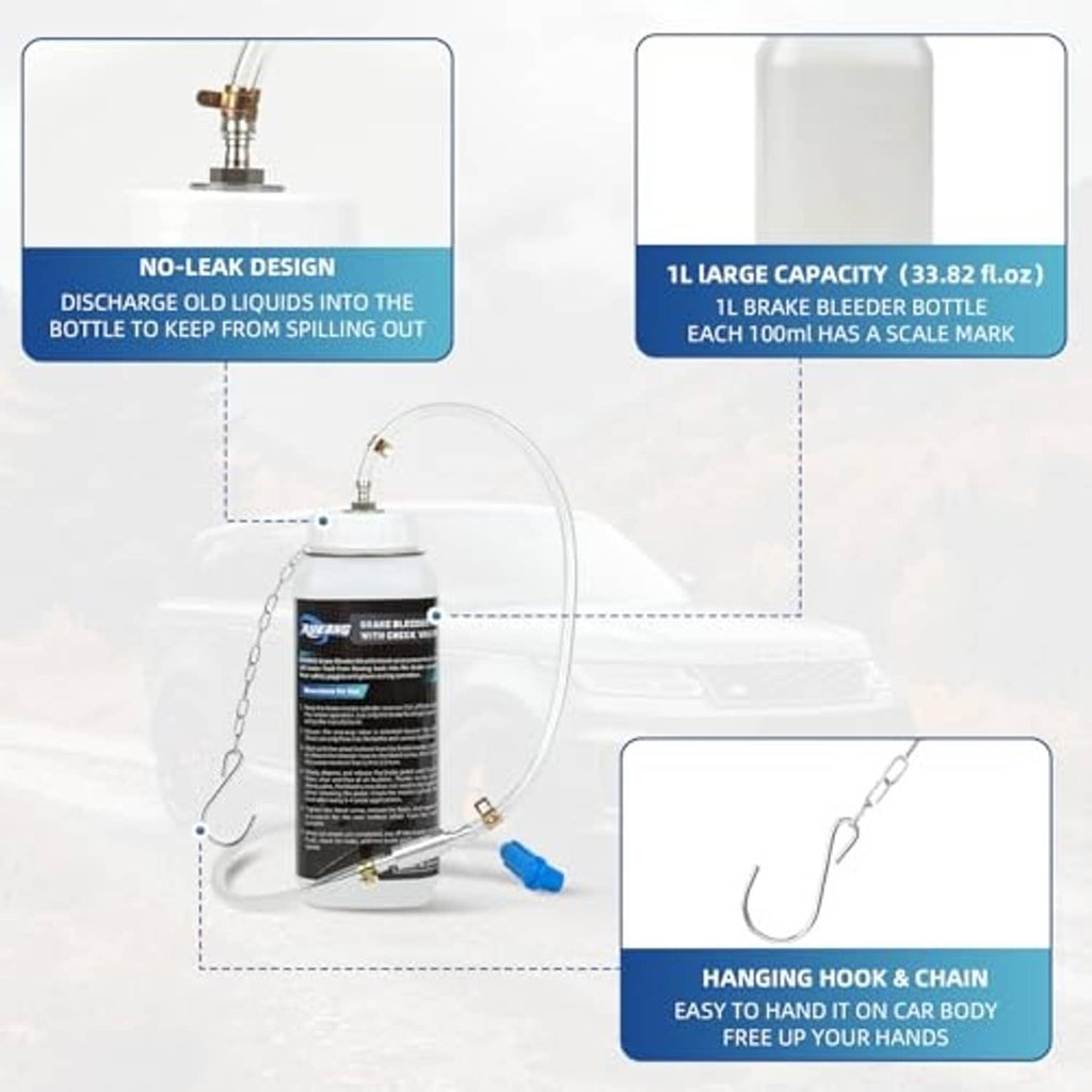 Brake bleeder bottle kit with hose, hanging chain hook, and blue discharge fitting