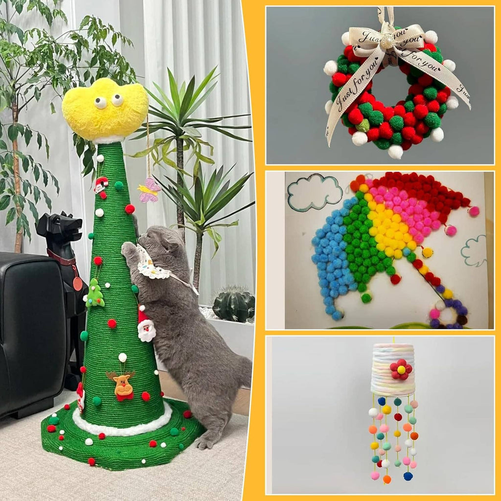Pom pom craft decorations on a tree and wall, showing multiple colorful designs
